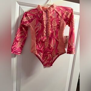 Jessica Simpson Girls Pink & Coral Leaf Print Long Sleeve One-Piece Swimsuit